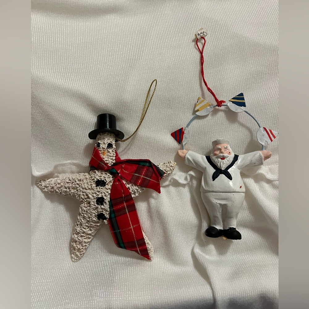 Genuine Starfish Snowman and Sailor Santa Holiday Ornaments Vintage